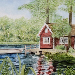 Schwedenhaus Haus am See Schweden  29,7 x 21 cm DIN A4 Druck auf Aquarellpapier