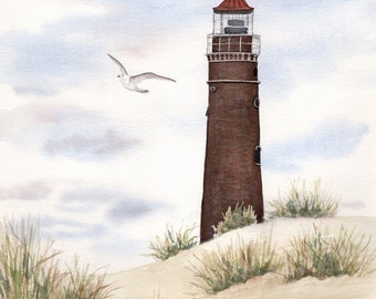 Watercolor DIN A4 picture lighthouse island Borkum dune seagull North Sea watercolor print