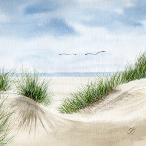 Strand Düne Dünengras Meer Möwen Aquarell  DIN A5 Bild Aquarelldruck