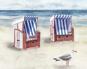 Tabla pequeña, tabla de desayuno, tabla con motivos de acuarela, playa, mar, silla de playa, Norderney, Mar del Norte