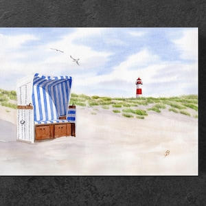 Sylt Vuurtoren Lijst Strandstoel Duin A3 Kunstdruk Aquarel Kunstdruk Noordzee