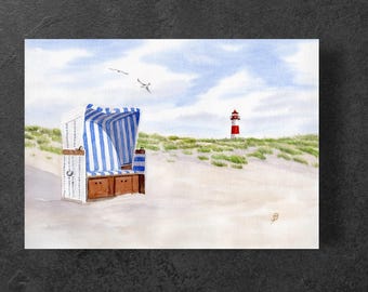 Sylt Lighthouse List Beach Chair Dune A3 Art Print Watercolor Art Print North Sea