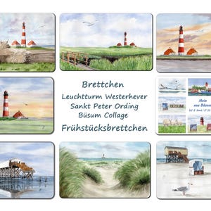 Brettchen Frühstücksbrettchen Motivbrettchen Aquarell Sankt Peter-Ording, Leuchtturm Westerhever, Westerheversand, Büsum