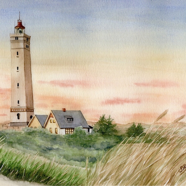 Blåvand Leuchtturm im Sonnenuntergang Dänemark Aquarell Kunstdruck Blavand