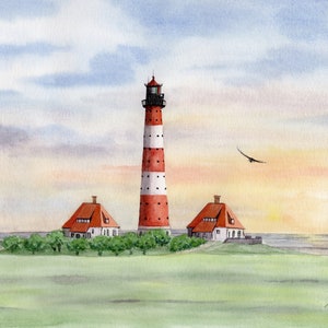 Faro Jever Westerhever Westerheversand Acquerello Stampa Immagine Mare del Nord DIN A5