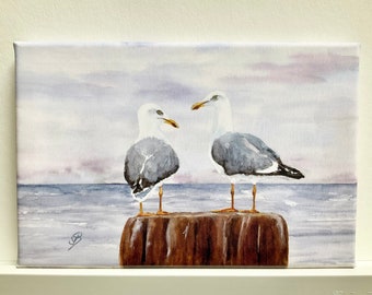 Meeuwen Haven Zee Aquarel Fotoafdruk op Canvas spieraam 30 x 20 cm