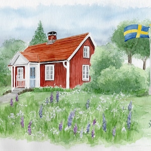 Casa svedese Casa Svezia con bandiera 29,7 x 21 cm DIN A4 stampa su carta per acquerello