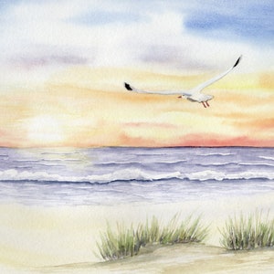 Tramonto sulla spiaggia, mare, gabbiano, acquerello, DIN A5, stampa acquerello