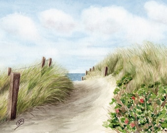 Watercolor DIN A4 picture beach path Sylt sea dune North Sea watercolor print