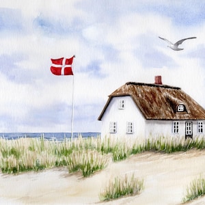 Aquarell  DIN A5 Bild Aquarelldruck Dänemark Haus Düne Meer Fahne Aquarell Landschaft  Bild Druck