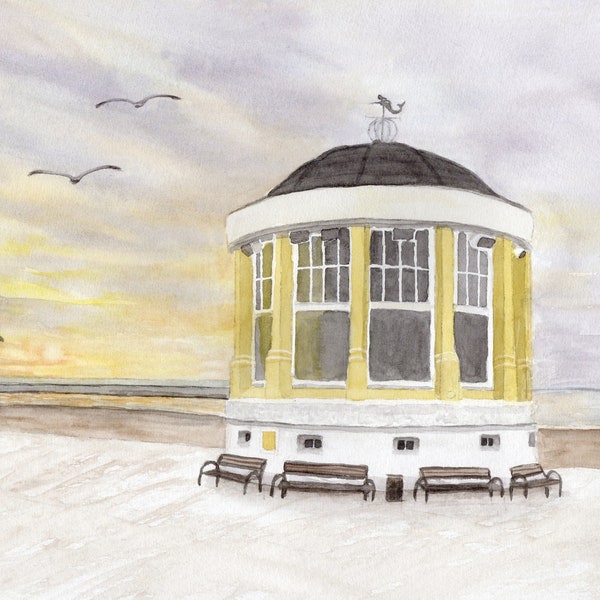 Aquarell  DIN A4 Bild Musikpavillion Insel Borkum Sonnenuntergang Nordsee Aquarelldruck