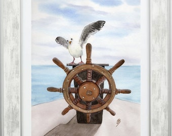 Aquarell Original Bild Möwe Steuerrad Maritim Watercolor Seagul  - 24x 32 cm KEIN DRUCK