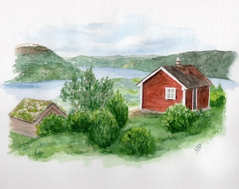 Aquarell DIN A4 Bild Aquarelldruck Norwegen Haus Norwegenhaus Fjord Berghütte Norway