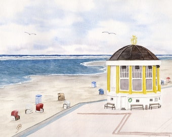 Aquarell  DIN A4 Bild Musikpavillion Insel Borkum Strand Nordsee Aquarelldruck