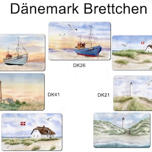 Brettchen Frühstücksbrettchen Motivbrettchen Aquarell Dänemark Düne Leuchtturm Blåvand Fischerboot Haus in den Dünen