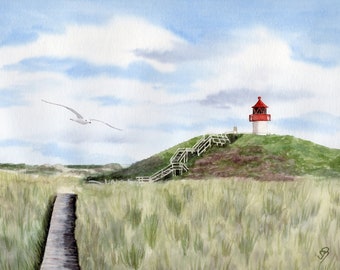 Watercolor DIN A4 picture lighthouse cross brand fire Amrum Island Watercolor Lighthouse watercolor print