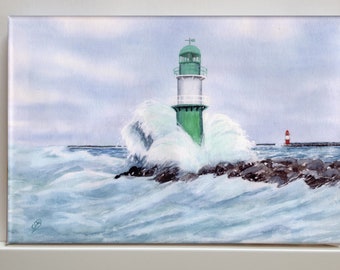 Warnemünde Molenfeuer Lighthouse Waves Sea Watercolor Picture Print on Canvas Stretcher Frame 30 x 20 cm