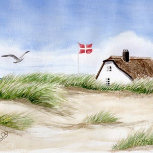 Aquarell  DIN A5 Bild Aquarelldruck Dänemark Haus Düne Möwe  Fahne Aquarell Landschaft  Bild Druck