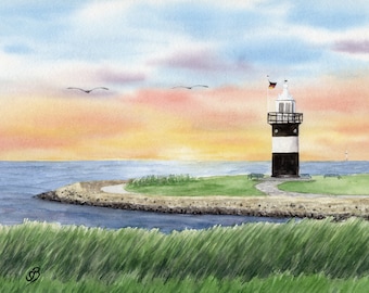 Watercolor DIN A4 picture harbor lighthouse Kleiner Preusse sea seagull sunset Wremen Wurster North Sea coast watercolor print