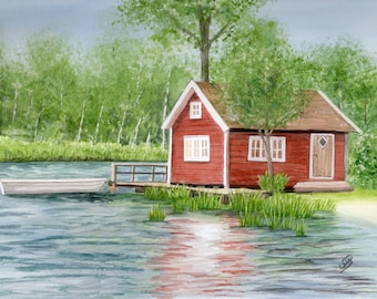May include: A red wooden cabin with a white trim sits on a wooden dock over a lake. The cabin has a brown roof and a small window on the front. There is a small white boat in the water in front of the dock.