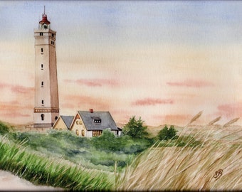 Leuchtturm Aquarell Dänemark Blavand Blåvand Bild Druck auf Leinwand Keilrahmen 30 x 20 cm