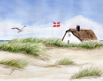 Watercolor DIN A4 picture beach house Denmark house beach flag sea seagull watercolor print