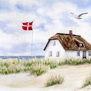 Watercolor DIN A5 picture watercolor print Denmark house on the beach dune sea gull beach house