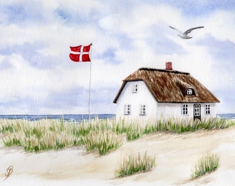 Aquarell  DIN A5 Bild Aquarelldruck Dänemark Haus am Strand Düne Meer Möwe Strandhaus