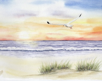 Beach Sunset Seagull Sea Waves Watercolor Print DIN A4 Picture North Sea Denmark