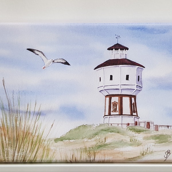 Langeoog Wasserturm Strand Aquarell Bild Druck auf Leinwand Keilrahmen 30 x 20 cm