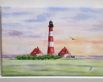 Lighthouse Westerhever Westerheversand watercolor picture print on canvas stretcher frame 30 x 20 cm
