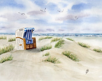 Watercolor DIN A4 picture beach chair Sylt North Sea beach sea seagull watercolor print