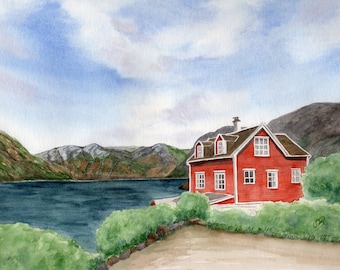 Aquarelle DIN A4 photo impression aquarelle Norway house Norway house fjord summer house
