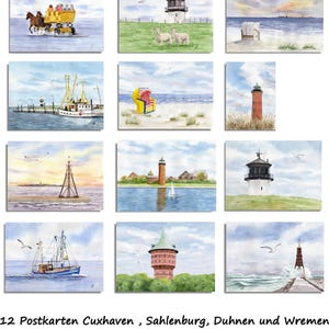 12 cartes postales aquarelles Cuxhaven Duhnen Sahlenburg chaise de plage, phare Dicke Berta, Alte Liebe, Kugelbake