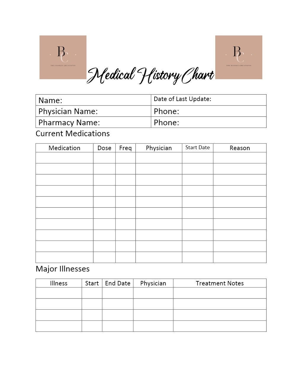Medical History Chart PDF Etsy