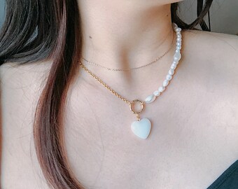 Crystal Heart Charm Classic Demi White Pearls Necklace | White & Gold | Fresh Water Pearls | Minimalist