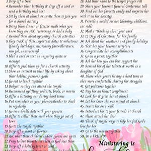 LDS Relief Society Ministering Ideas, "50 Ways to Minister with Love," Spring theme, digital download, ministering handout, 2 sizes