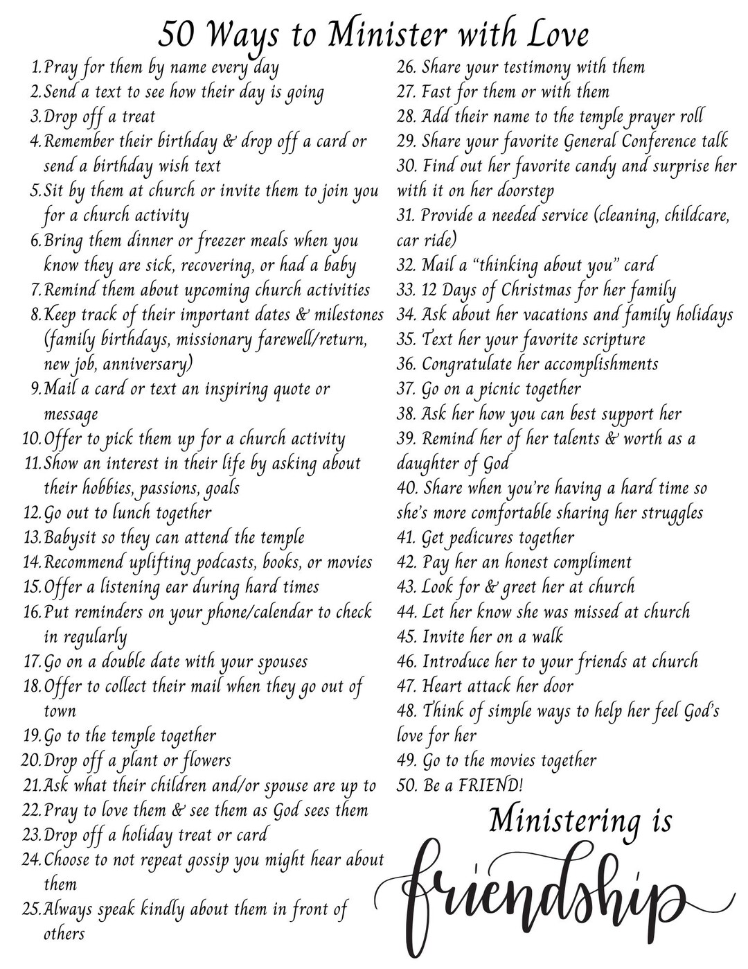LDS Relief Society Ministering Ideas, "50 Ways to Minister With Love ...