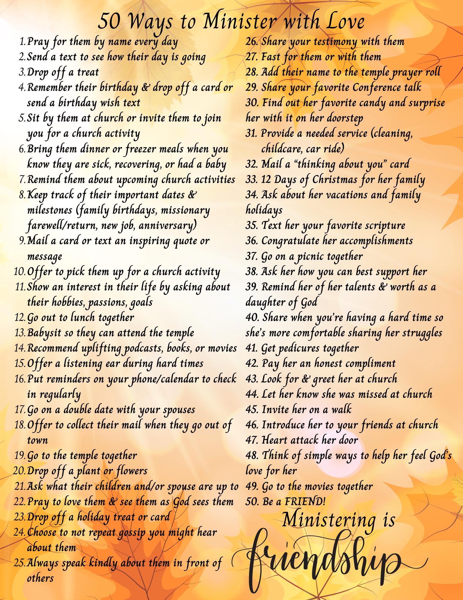 LDS Relief Society Ministering Ideas, Fall Theme "50 Ways to Minister ...