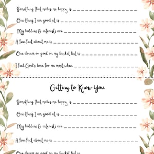 以下が含まれることがあります： 花柄のアクセントがついた、あなたを知るための印刷可能なアンケートです。アンケートには、「私を幸せにするものは...」や「バケットリストにある夢や目標は...」などの質問があります。