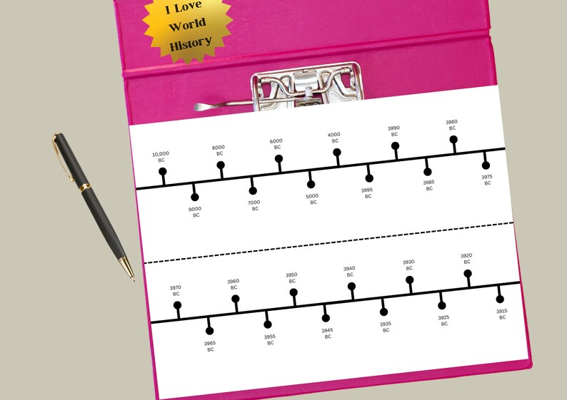 Puede incluir: Una carpeta rosa con una pegatina de estrella dorada que dice "Me encanta la historia del mundo". La carpeta contiene una hoja de papel blanca con una l&iacute;nea de tiempo negra de fechas hist&oacute;ricas desde el 10.000 a. C. hasta el 3.000 a. C.