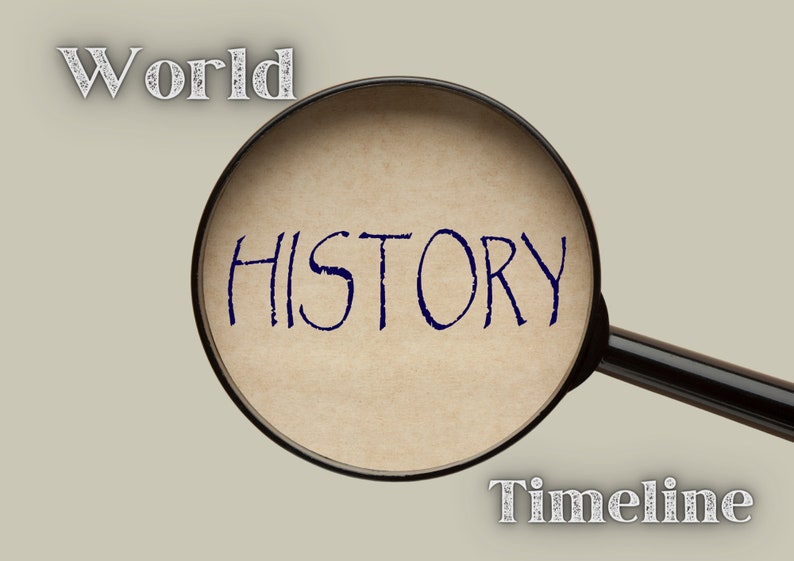 Puede incluir: Una lupa con la palabra "HISTORY" escrita en un trozo de papel dentro de la lente. Las palabras "World" y "Timeline" est&aacute;n escritas arriba y abajo de la lupa, respectivamente.