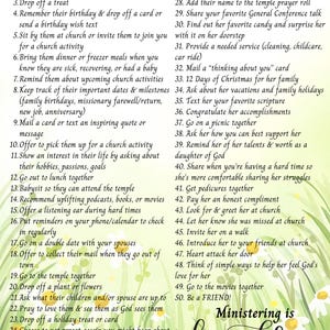 May include: A list titled "50 Ways to Minister with Love" with numbered suggestions for acts of kindness. The image includes the words "Ministering is friendship" in a cursive font, with a floral background.