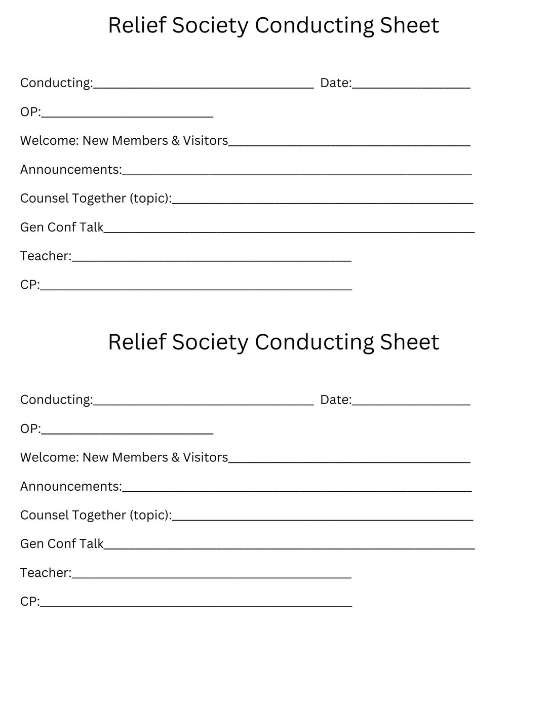 LDS Relief Society Meeting Conducting Sheet, Includes Counsel Together Topic - Etsy