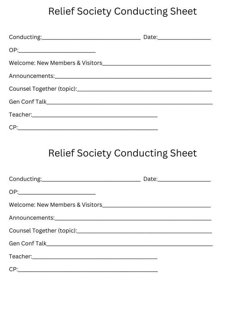 LDS Relief Society Meeting Conducting Sheet, Includes Counsel Together ...