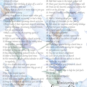 LDS Relief Society Ministering Ideas, &quot;50 Ways to Minister with Love,&quot; digital download, ministering handout, 3 sizes to print