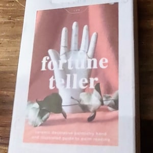 May include: A white ceramic hand with a pink background. The text "fortune teller" is printed in white on the background. The text "ceramic decorative palmistry hand and illustrated guide to palm reading" is printed in black below the hand. The text "a hand is your future" is printed in light blue at the bottom of the image.