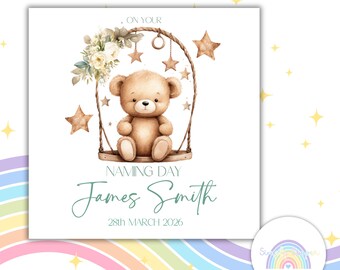 Personalised Naming Day Card | Teddy Bear Welcome Baby Celebration UK