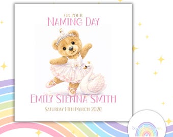 Personalised Naming Day Card | Teddy Bear Swan Design, UK Baby Celebration