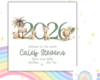 Personalised New Baby Card | Safari Animals, Birth Details Keepsake (Born 2026)